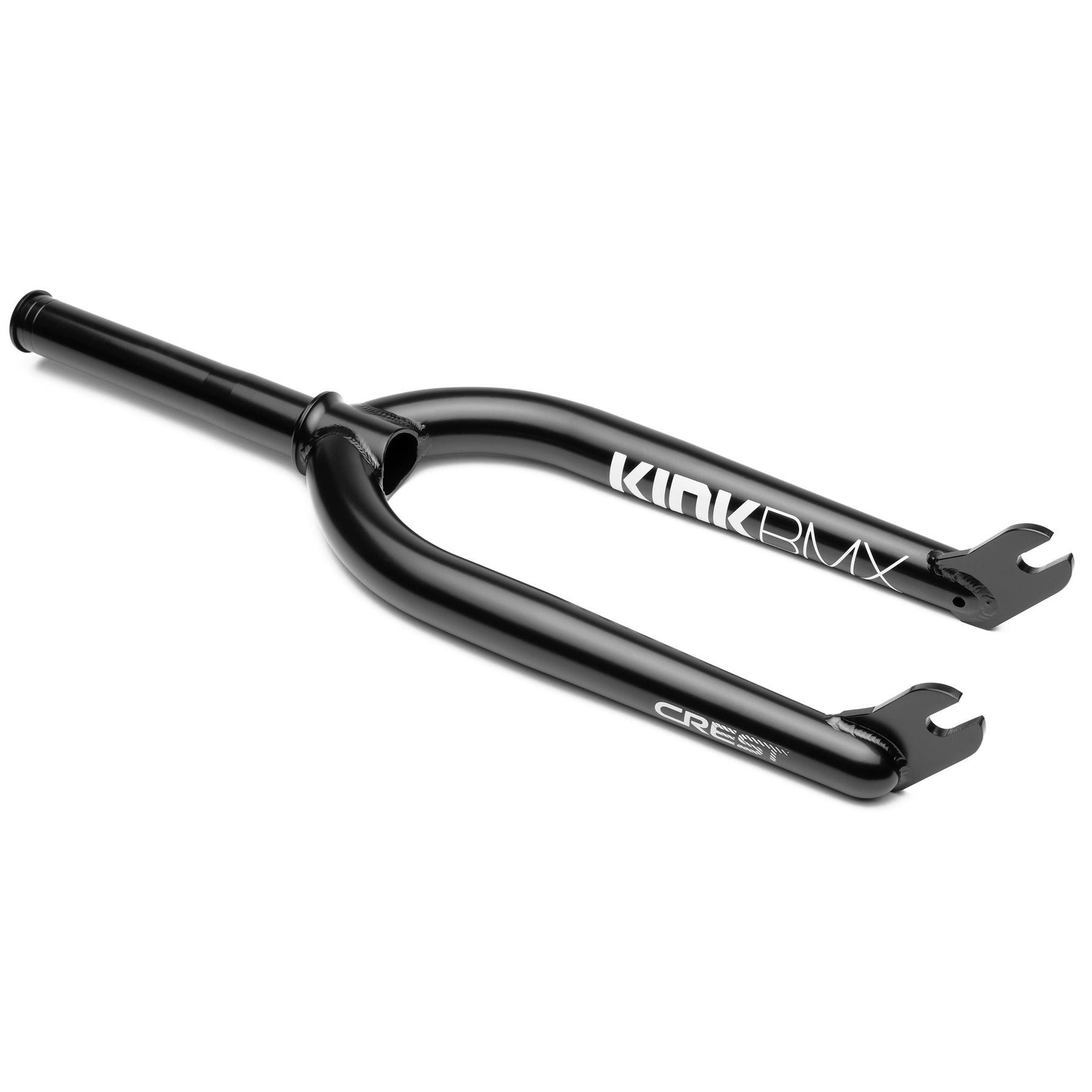 Kink Crest Forks are made from strong 4130 chromoly steel, feature "KINK BMX" and "CREST" branding on the legs, have a 30mm offset, and are shown against a white background.