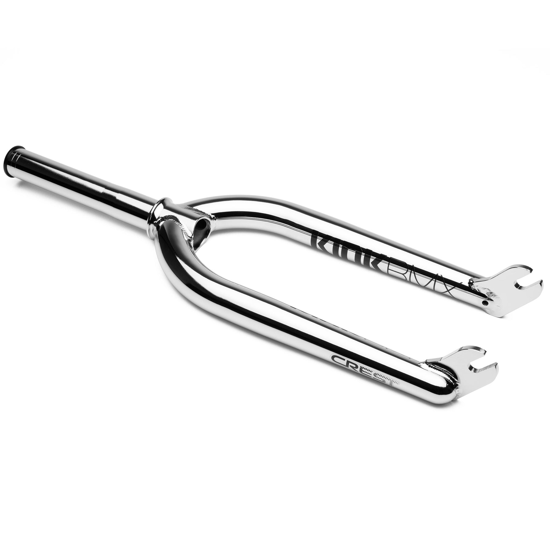 The Kink Crest Forks are made from 4130 chromoly steel with dropouts, a straight steerer tube, 30mm offset, and "CREST" branding on one leg, shown in chrome finish against a white background.