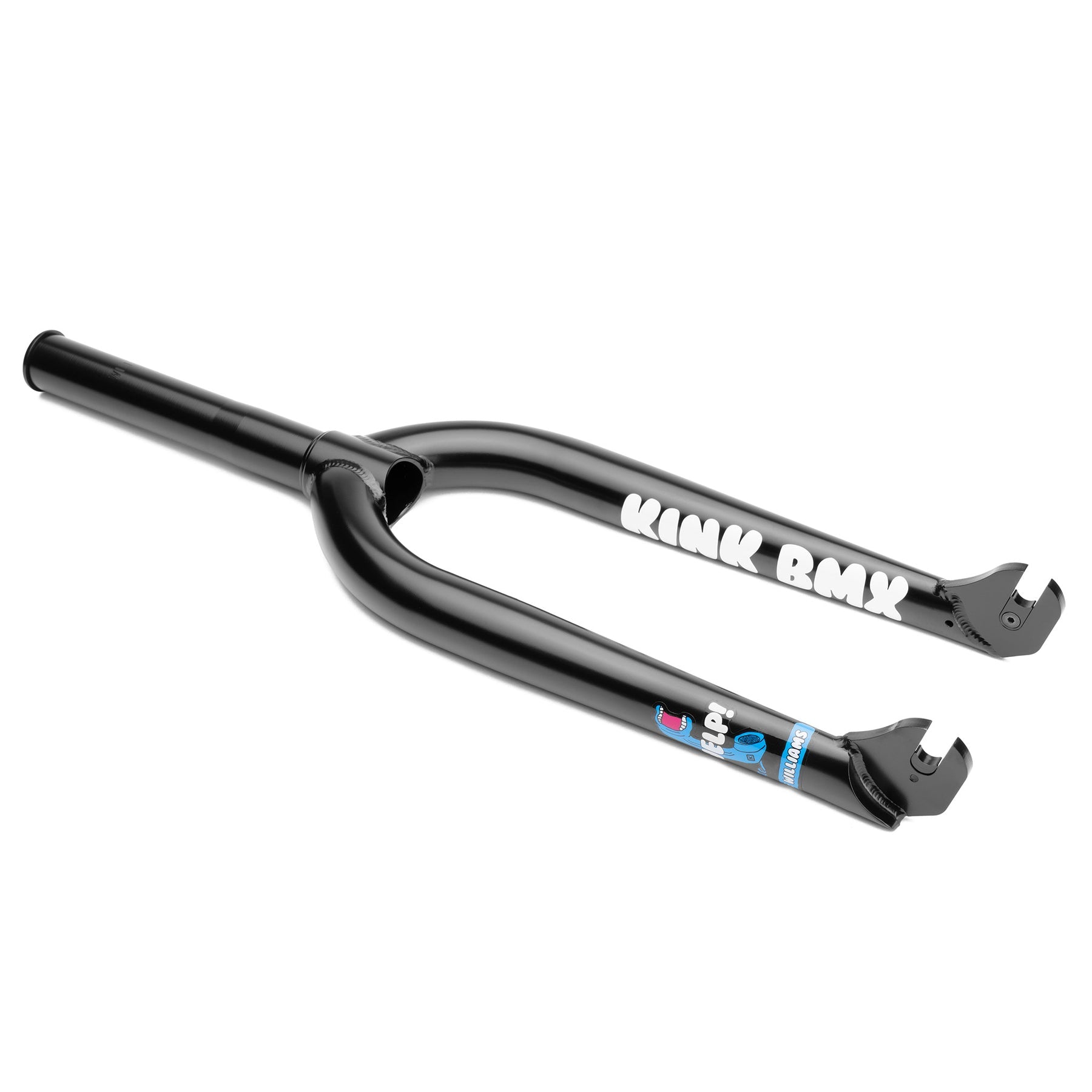 The Kink Williams Forks are black BMX forks with Nathan Williams' signature design, adjustable offset, and "KINK BMX" plus other white and blue logos on the legs, shown isolated on a white background.