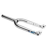 The Kink Williams Forks are chrome BMX bike forks with a straight steerer tube, dropouts, and signature decal on one leg, reflecting Kink’s distinctive style. Shown here against a white background.