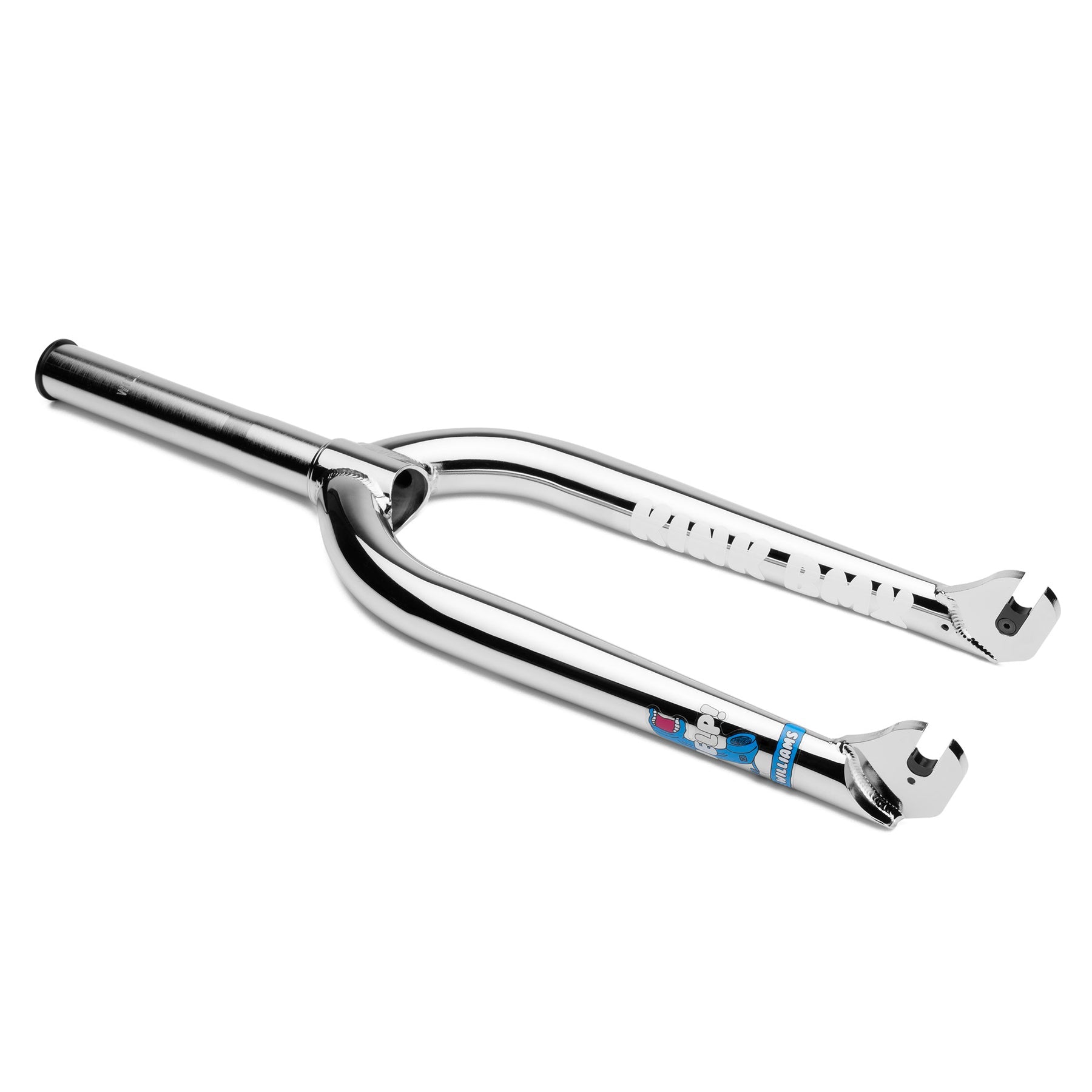 The Kink Williams Forks are chrome BMX bike forks with a straight steerer tube, dropouts, and signature decal on one leg, reflecting Kink’s distinctive style. Shown here against a white background.