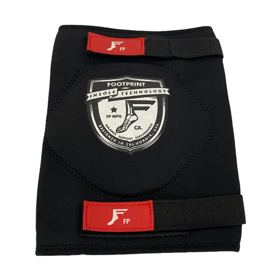 A black insole with the Footprint Insoles Technology logo, featuring two adjustable red straps at the top and bottom. Ideal for reducing joint pains, it pairs perfectly with FP Knee Street Protector Pads (Single).