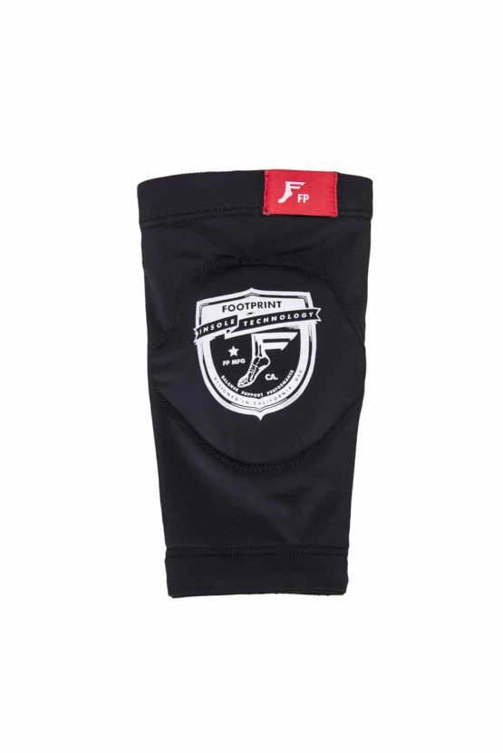 Black knee guard with a white and black circular logo in the center and a red FP label at the top, offering low profile protection for optimal performance.