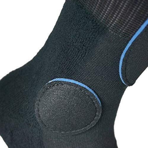 Close-up of a black FP Painkiller Socks Black Knee Hi with blue accents and additional padding around the Achilles tendon for extra support, resembling an ankle and shin guard.