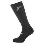 A black FP Painkiller Socks Crew Cut with a white logo near the top and another on the side of the foot. The sock, featuring FluidX memory foam for added comfort, is displayed upright and slightly angled.