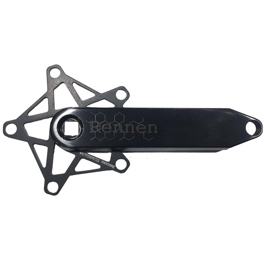 The Rennen Hive Mini Square Tapered Cranks are black metal bicycle crank arms with “Rennën” etched on the side, precision-crafted from premium 7075-T6 aluminum. Designed as one of the lightest square taper cranks available, they feature a geometric, star-shaped spider for secure chainring mounting.
