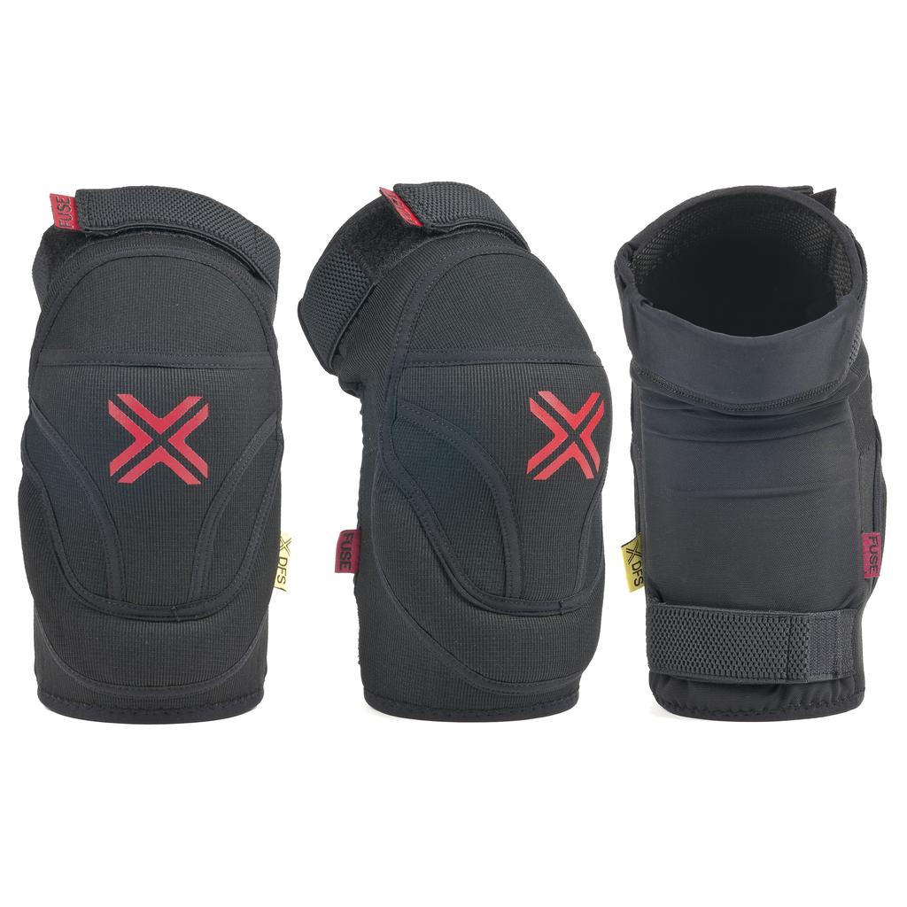 Three Fuse Delta Knee Pads in black, made with Duratex neoprene for impact protection, feature red "X" logos and Velcro straps. Shown from front, side, and back angles on a white background.