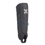 The Fuse Alpha Whip Shin Ankle Combo Pads are black and padded, featuring a distinctive white "X" logo with the label "RISE." They come equipped with super stretchable neoprene straps, a foot strap, and boast a wrap-around design for a secure fit.