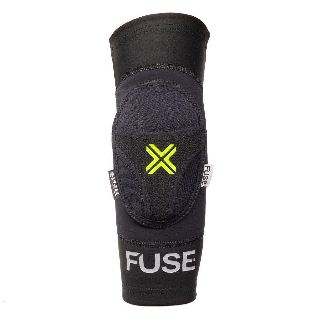 Black Fuse Omega Elbow Pads with a yellow X on the front, designed for protective use in sports or activities. Features a super light SAS-TEC insert and Sharkskin gripper for secure fit, crafted from lightweight breathable Lycra for optimal comfort.