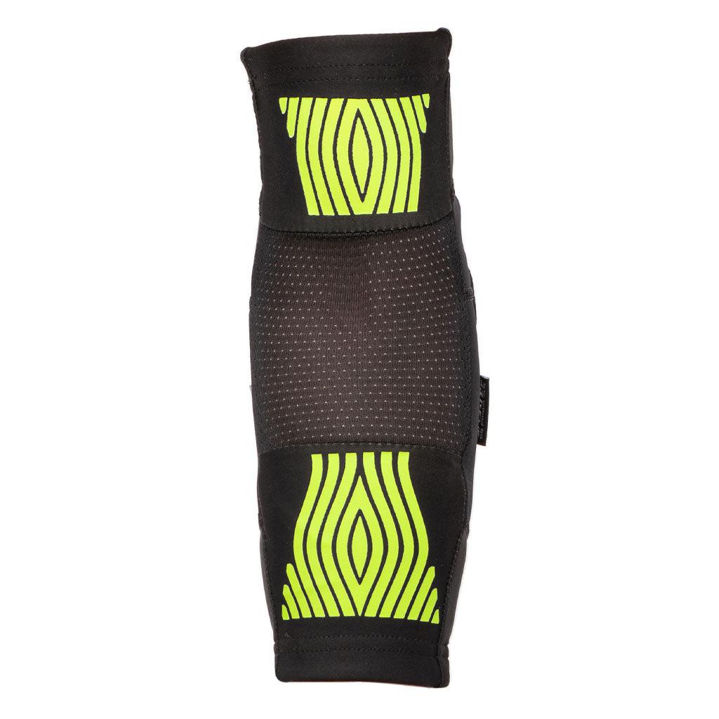 A black and neon green padded knee or elbow sleeve, featuring a perforated texture for ventilation and two prominent green pattern sections on the front. The Fuse Omega Elbow Pads incorporate super light SAS-TEC inserts for added protection and sharkskin grippers to keep it securely in place.