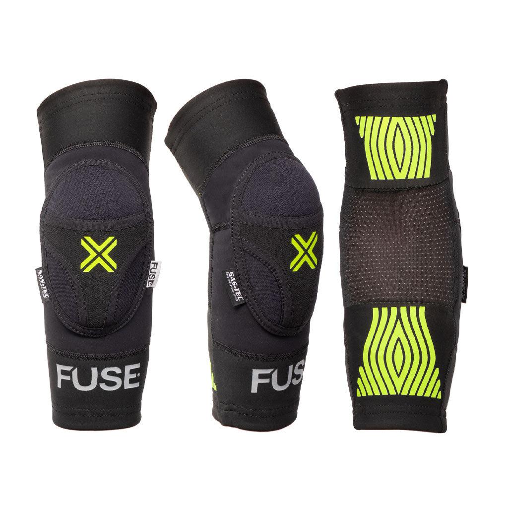 Three views of black Fuse Omega Elbow Pads with fluorescent green accents, showcasing the front, side, and back. Flatlock seams and reinforced padding are visible, featuring breathable mesh fabric and a super light SAS-TEC insert for optimal protection.