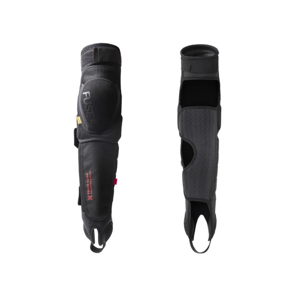 The Fuse Delta 125 Knee/Shin/Ankle Combo Pads (Pair) are shown in black, with one displaying the branded padded outer surface and the other revealing the inner neoprene lining and fastening straps for impact protection.