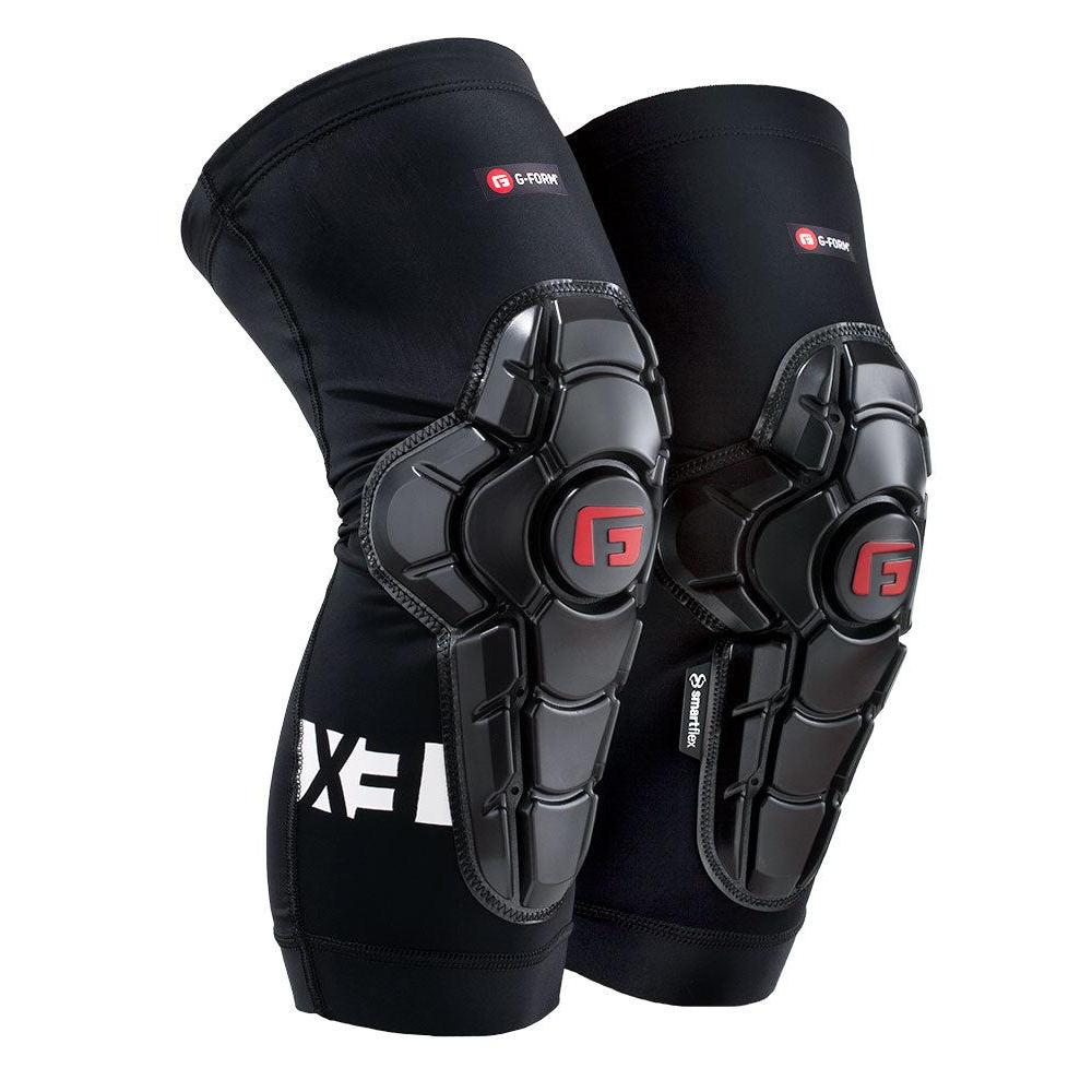 G-Form Pro-X3 Knee Guards (Pair) come with hard protective shells and prominently display a red logo branding. They are enhanced with SmartFlex protection and crafted from moisture-wicking fabric to ensure added comfort.