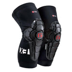 G-Form Pro-X3 Knee Guards (Pair) come with hard protective shells and prominently display a red logo branding. They are enhanced with SmartFlex protection and crafted from moisture-wicking fabric to ensure added comfort.