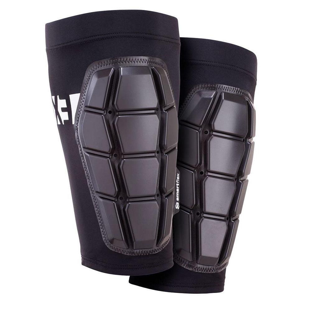 A pair of G-Form Pro-X3 Shin Guards in black, utilizing SmartFlex™ technology with hexagonal protective padding on the front, providing excellent impact protection.