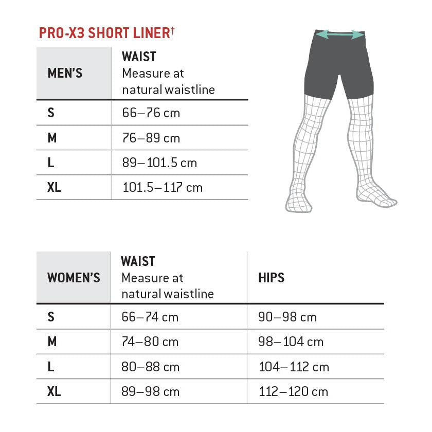 Check out the size chart for our G-Form Women's Pro-X3 Bike Short Liners, offering UPF 50+ compression fabric and SmartFlex pads. Sizes range from S to XL in men's waist and hips, and women's sizes are S to XL. Measurements are available in centimeters for a precise fit and ultimate protection.