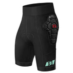 The G-Form Women's Pro-X3 Bike Short Liner is black with a hard shell on the hip, red logo, and teal accents near the hem. It's crafted from UPF 50+ compression fabric and SmartFlex pads for excellent protection and style.