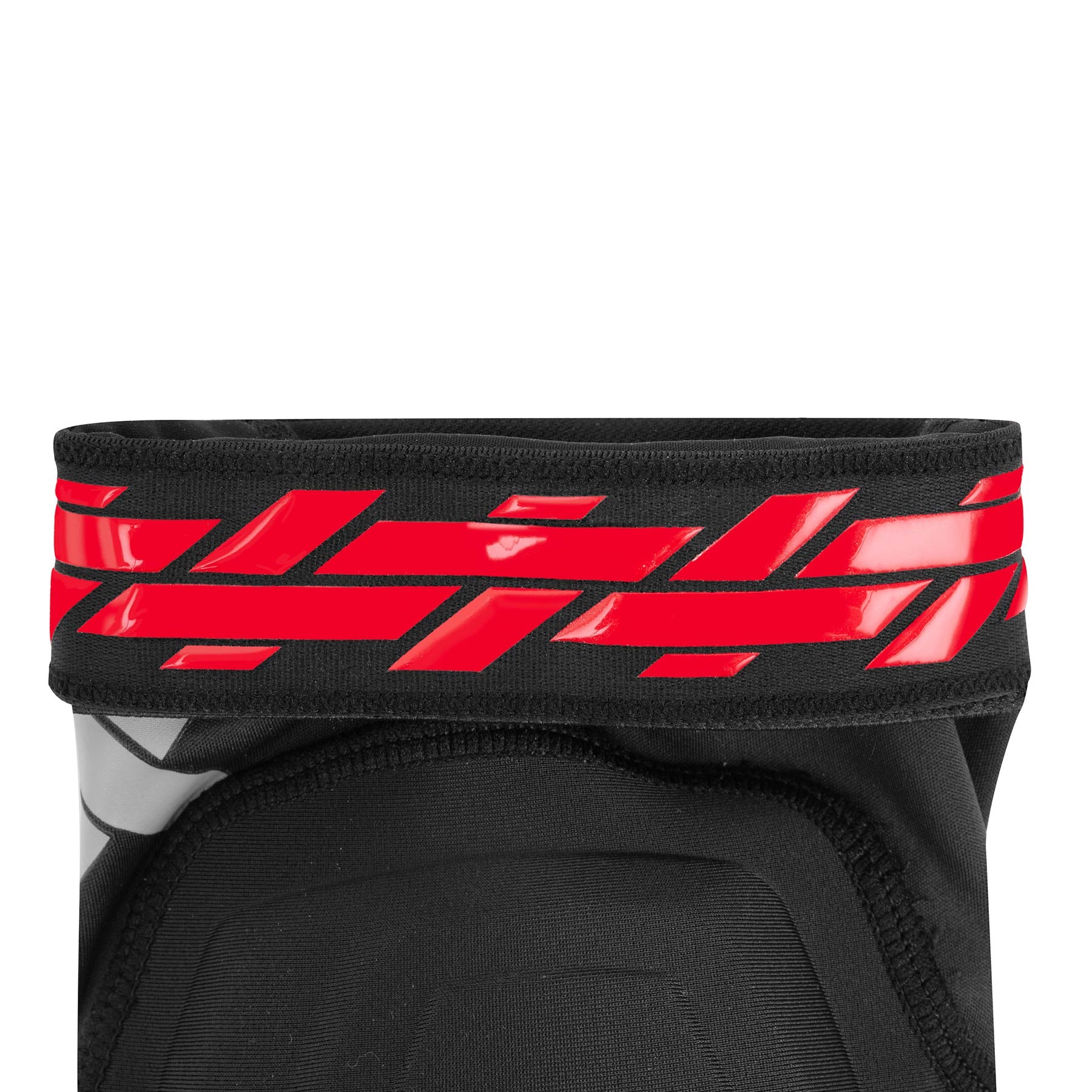 Close-up of the upper section of the G-Form X4 Elbow Guard, showing a red and black geometric design on the elastic band, crafted with breathable compression fabric for enhanced comfort.