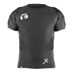 The G-Form X4 Padded Shirt is a black, short-sleeve, breathable shirt with padded shoulders and sides for protection, plus white logos on the chest and lower front.