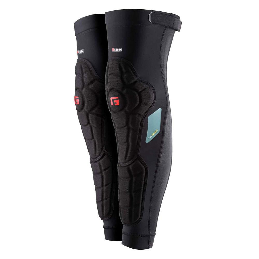 Black G-Form Youth Pro-Rugged Knee-Shin combos with impact-absorbing pads, padding, and adjustable straps, designed for protective sports use.