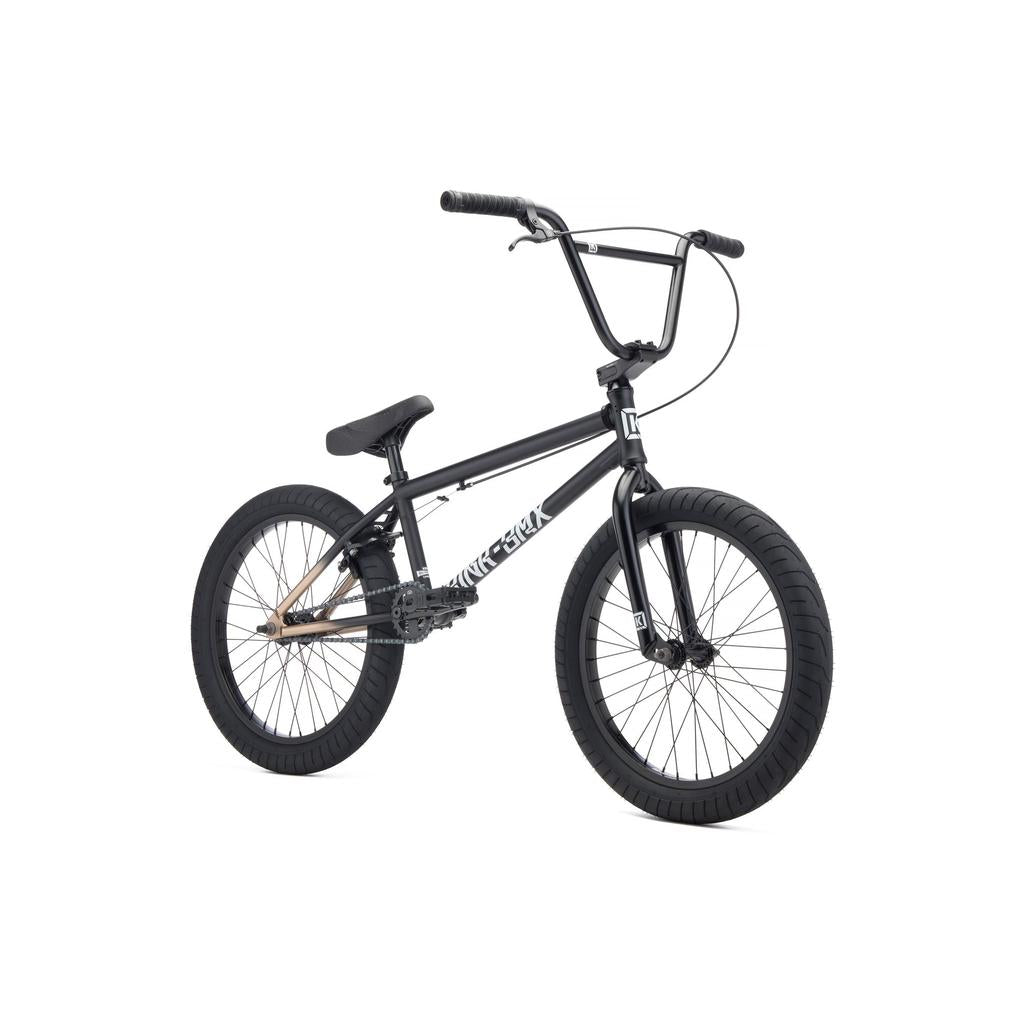 The Kink Launch 20 Inch Bike (2027) features thick tires, Mission components, straight handlebars, and a padded seat. Shown against a white background—perfect for beginners looking for their first BMX bike.
