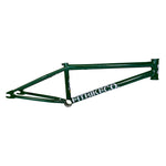 The Fit Bike Co Squib 18 Inch Frame is a green BMX frame with durable chromoly construction and bold white "FITBIKECO" text, perfect for trails and bowls, shown against a white background.