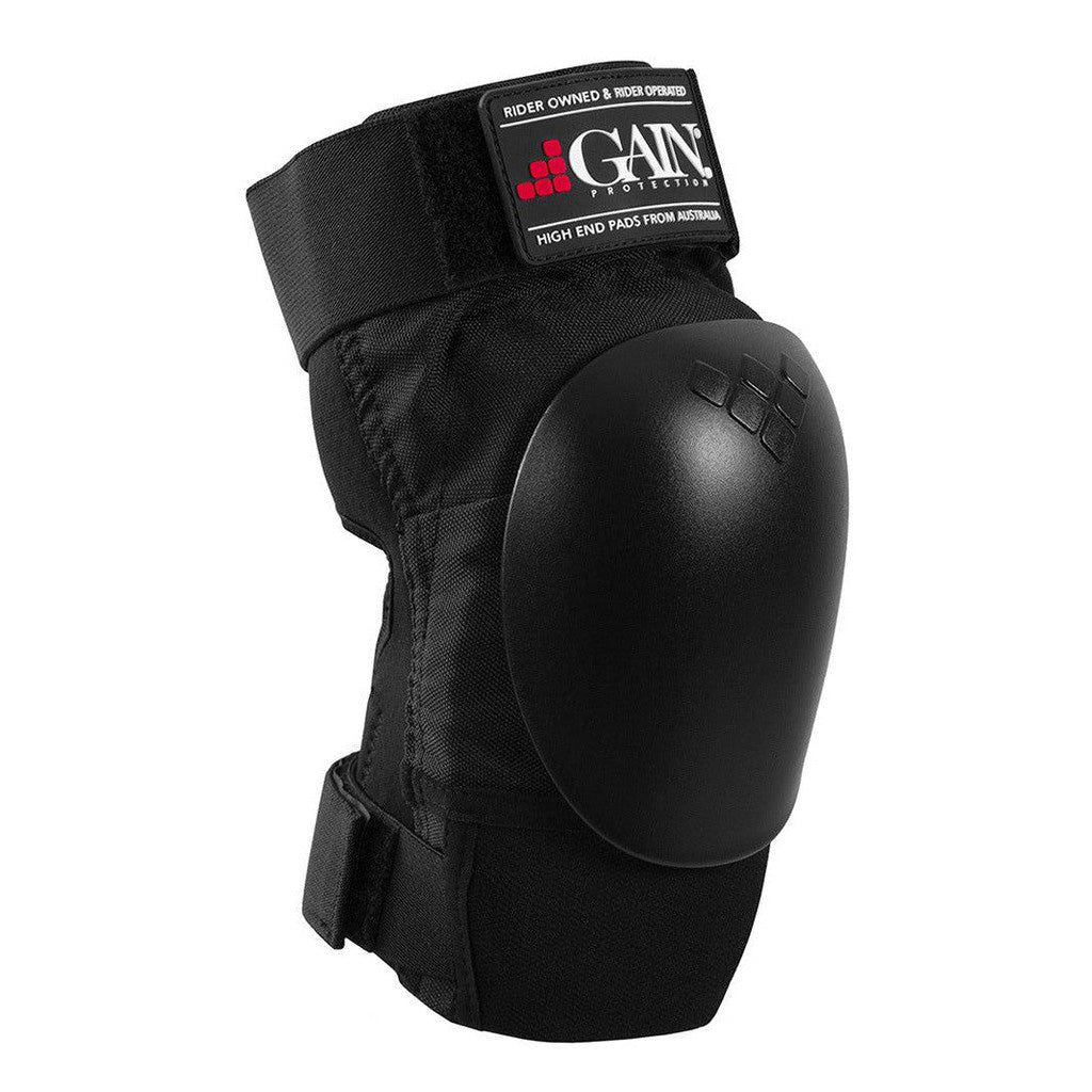 Gain The Shield hard shell knee pads with shock absorption for freestyle riding on a white background.