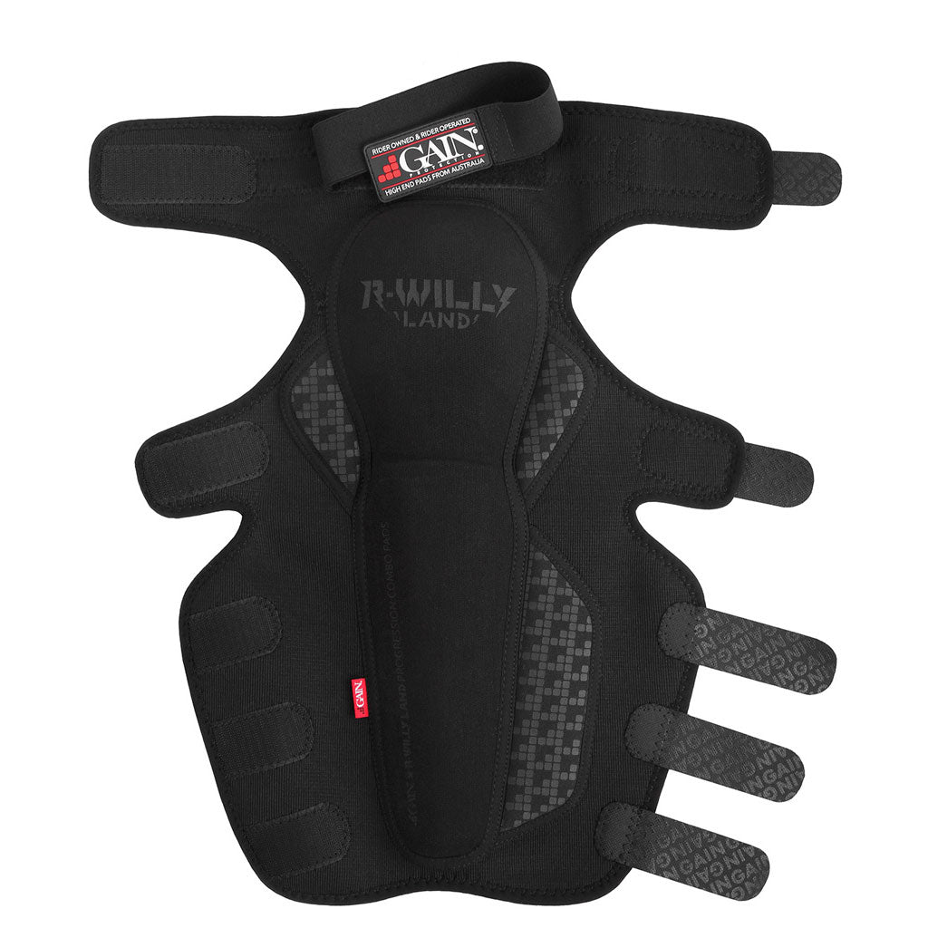 The GAIN x R WILLY LAND "PROGRESSION" V2 Knee/Shin Combo Pads feature black protective gear with Velcro straps and printed logos, tailored for impact protection in action sports.