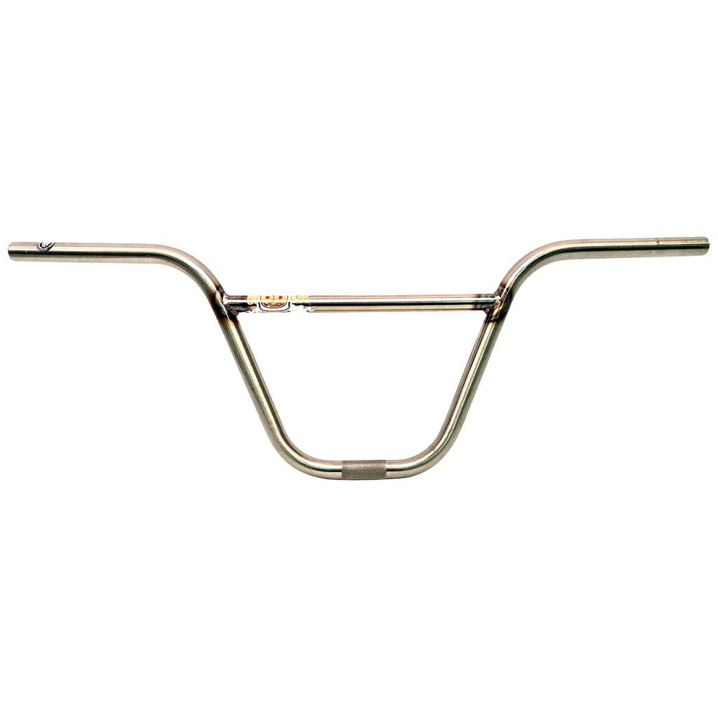 The S&M Hoder Superhigh Bars are metallic BMX handlebars with a crossbar, made from durable 4130 CrMo tubing, shown against a white background.