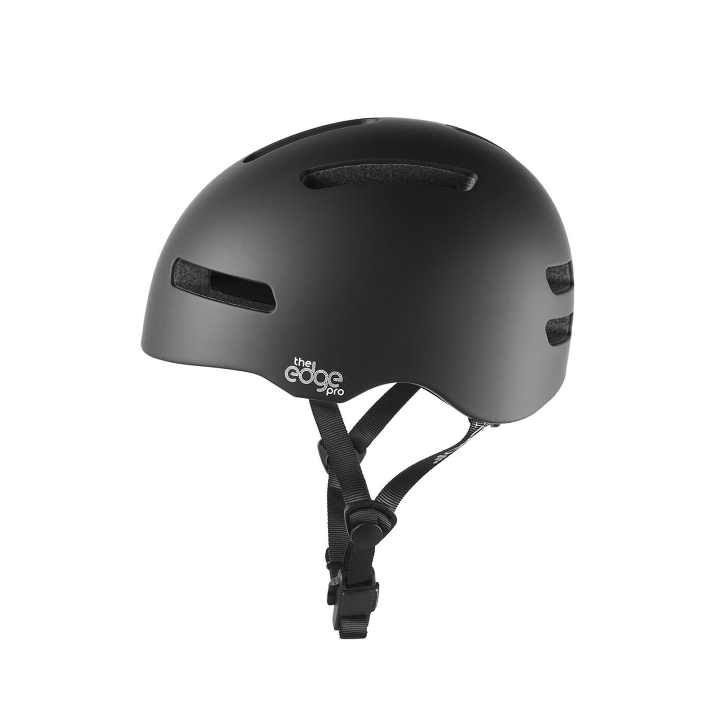 The Gain Protection The Edge Pro Helmet (XS - XL) in matte black features featherlight in-mould tech, ventilation slots, an adjustable chin strap, "the edge pro" branding on the side, and is shown on a white background.