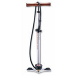 The Giyo Floor Pump is a sleek silver model equipped with a smooth wooden handle, an efficient pressure gauge, and a durable black hose. It effortlessly achieves up to 160 psi for optimal tire inflation.