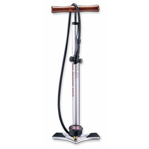 The Giyo Floor Pump is a sleek silver model equipped with a smooth wooden handle, an efficient pressure gauge, and a durable black hose. It effortlessly achieves up to 160 psi for optimal tire inflation.