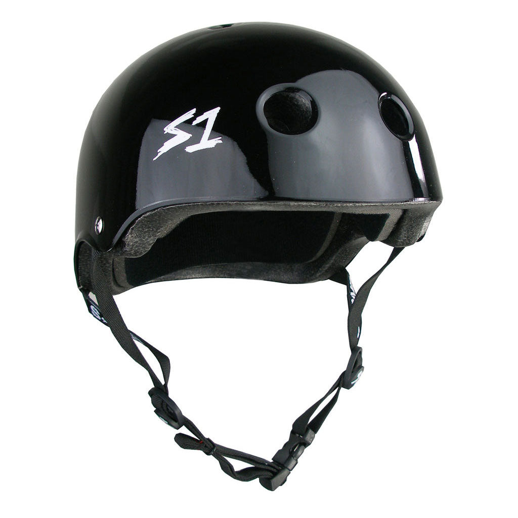 A scaled down version of S-One Mini Lifer Helmet in gloss black with shorter straps and the word sz on it.