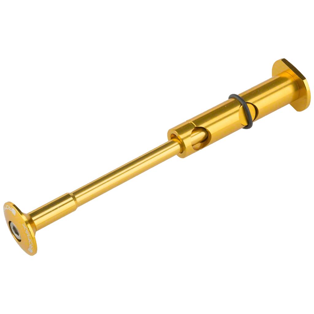 The Promax SL-1 Stem Lock 1-1/8 Inch features a gold CNC-machined 7075 aluminum alloy body, black O-ring, cylindrical shape, and circular end caps with precision detailing.