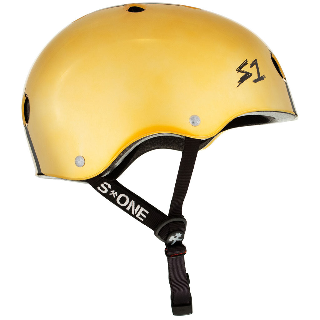 A certified S-One Helmet Lifer Gold Mirror with the word "SL" on it for protective headgear.