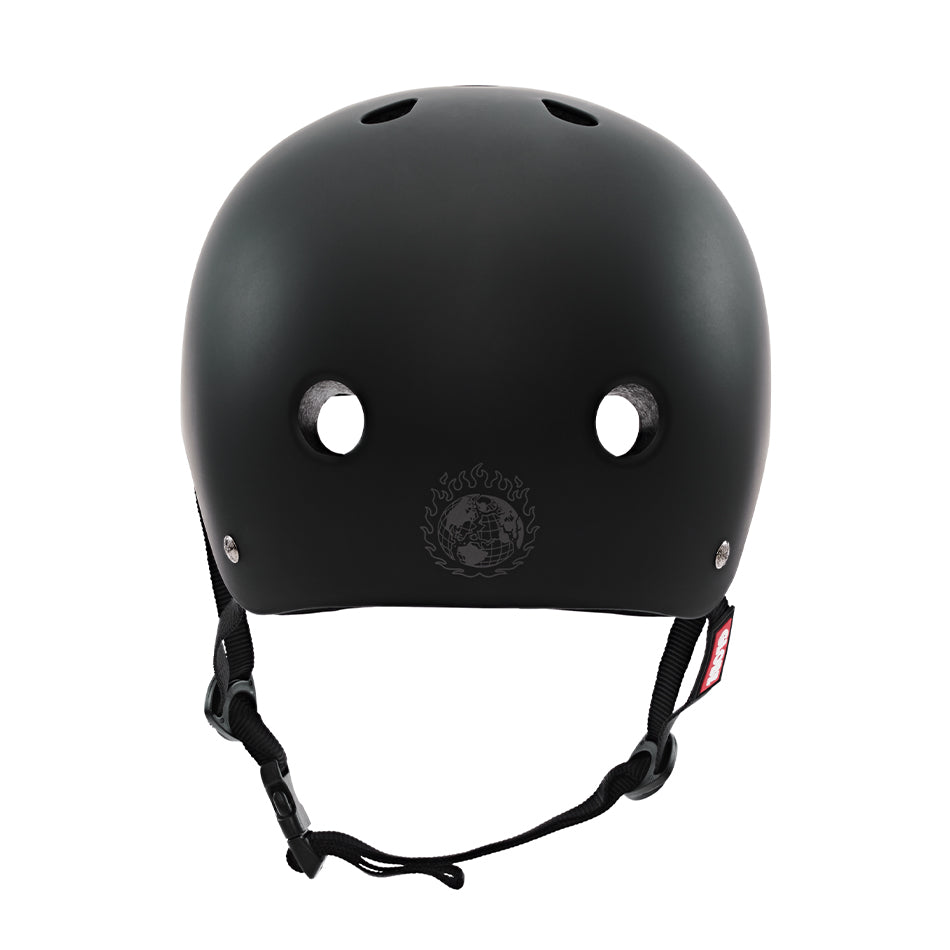 A Goodstock Certified Helmet / Matte Black with ventilation holes, CoolMax liner tech, and an adjustable chin strap, viewed from the front.