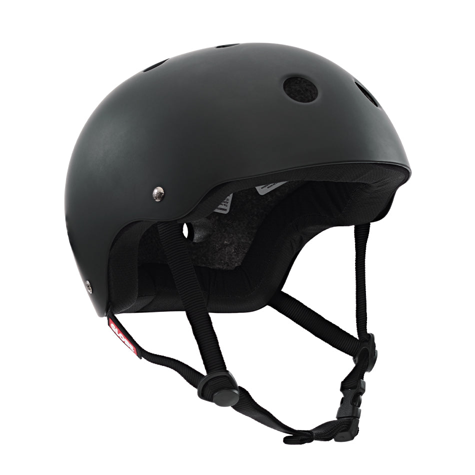 A Goodstock Certified Helmet / Matte Black, featuring ventilation holes and an adjustable chin strap, is shown against a white background. Designed for high and low impact protection, it also incorporates CoolMax liner tech for added comfort.
