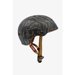 Goodstock Certified Helmet / Tiger Camo with orange adjustable straps and a red and white "GLOBE" label near the buckle on a white background. Features a CoolMax liner for added comfort and high impact protection.
