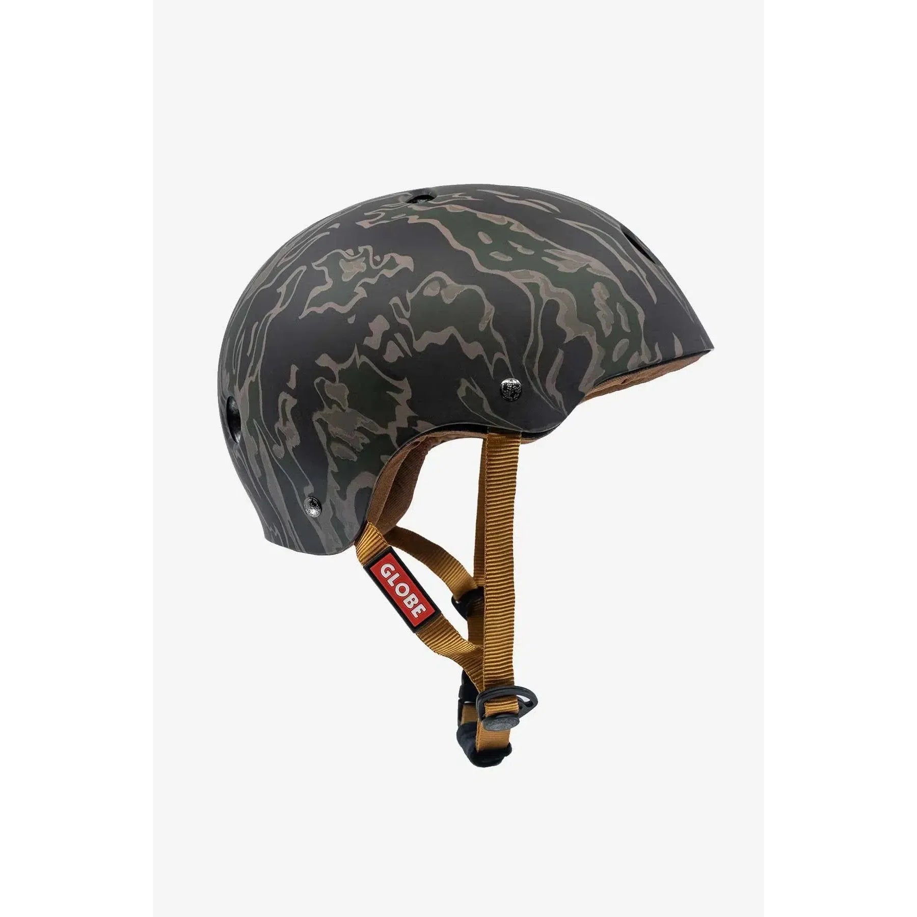 Goodstock Certified Helmet / Tiger Camo with orange adjustable straps and a red and white "GLOBE" label near the buckle on a white background. Features a CoolMax liner for added comfort and high impact protection.