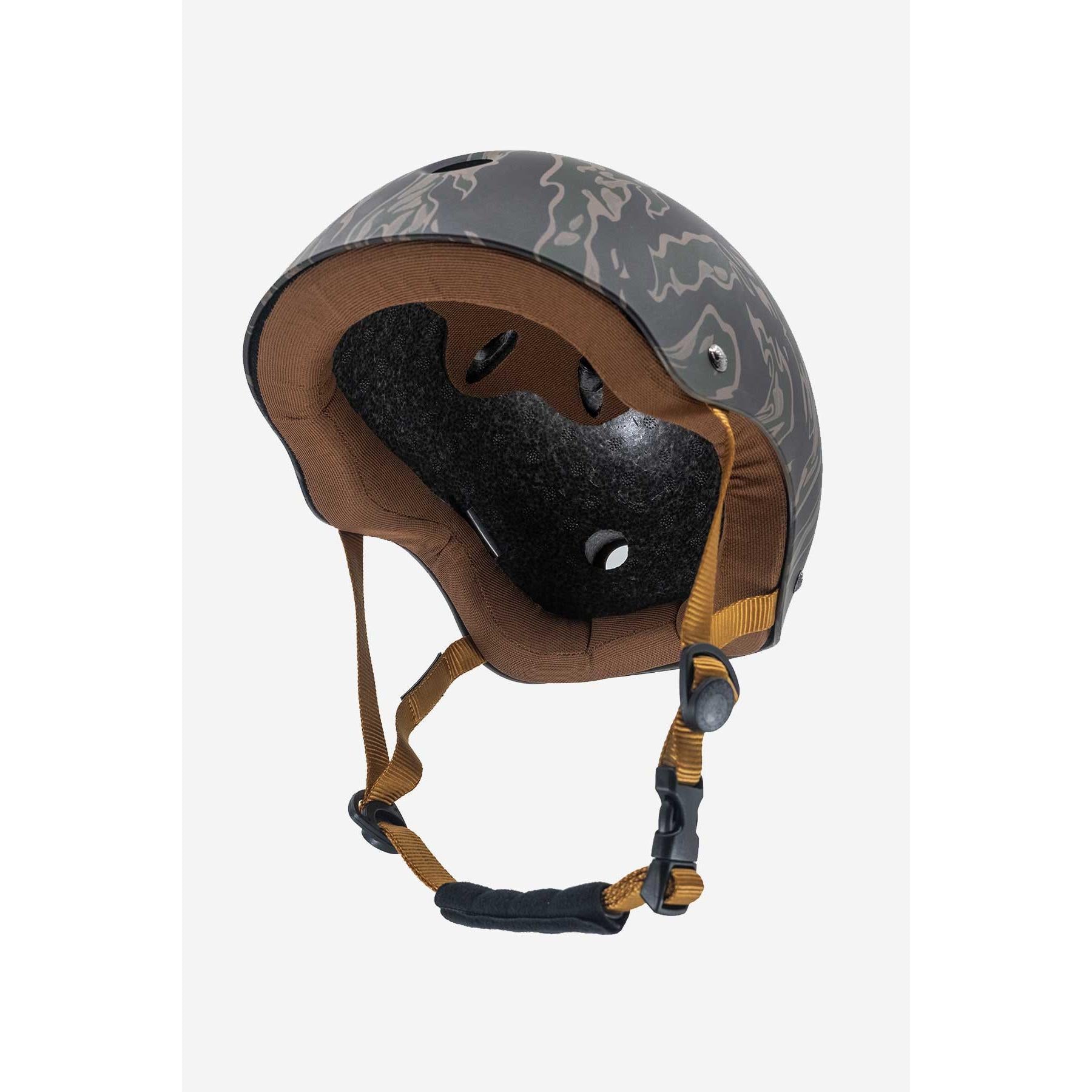 A Goodstock Certified Helmet / Tiger Camo with a camouflage pattern, brown straps, and a black buckle, featuring high impact protection and a CoolMax liner for comfort, shown from a side angle.