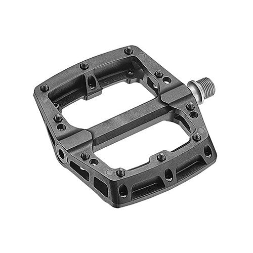 A Ryfe Ghost Rider Sealed Pedal in black metal, featuring a flat surface with replaceable pedal pins, viewed from an angle.