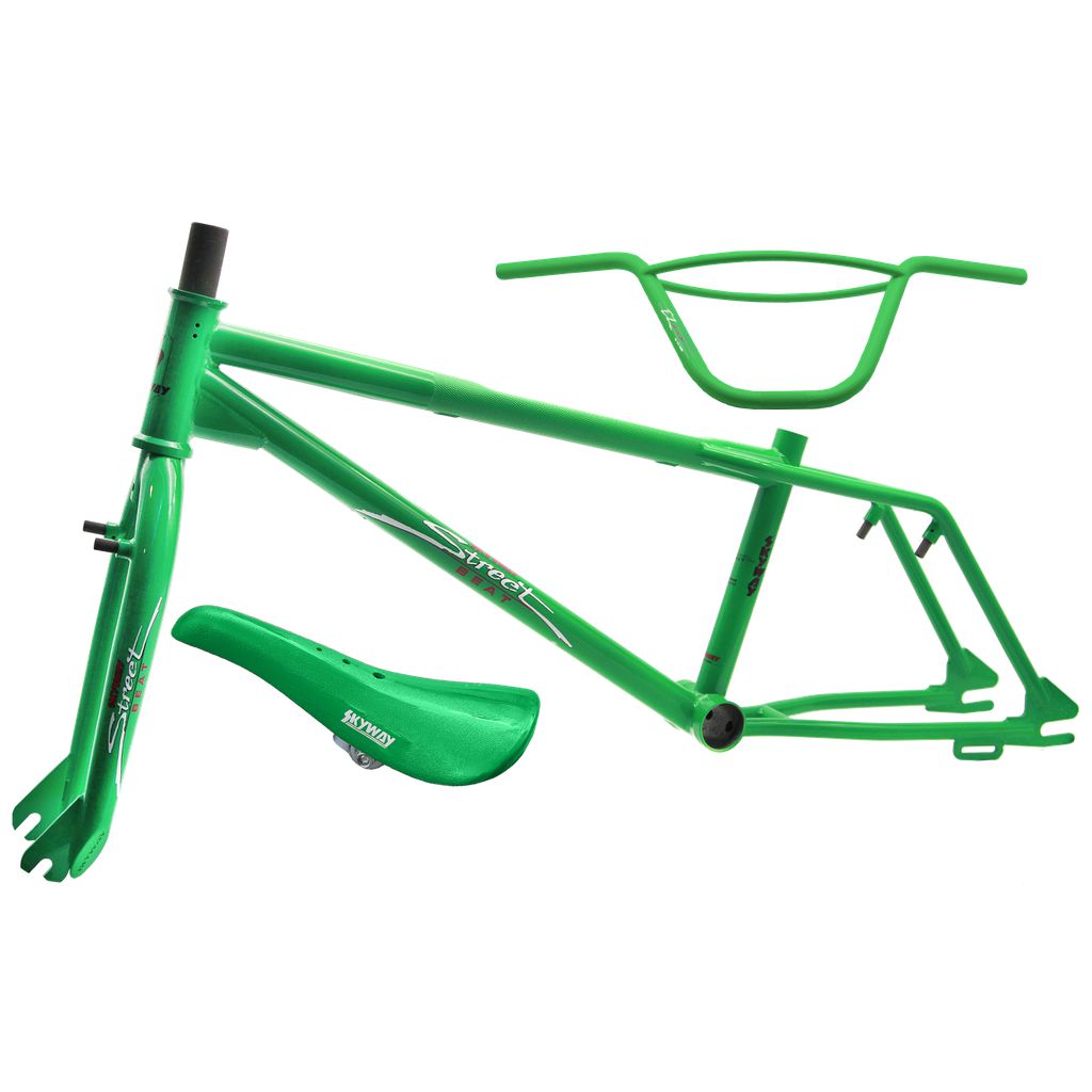 A green BMX bike with Skyway Street Beat Replica Frame/Fork/Handlebar/Seat Kit.