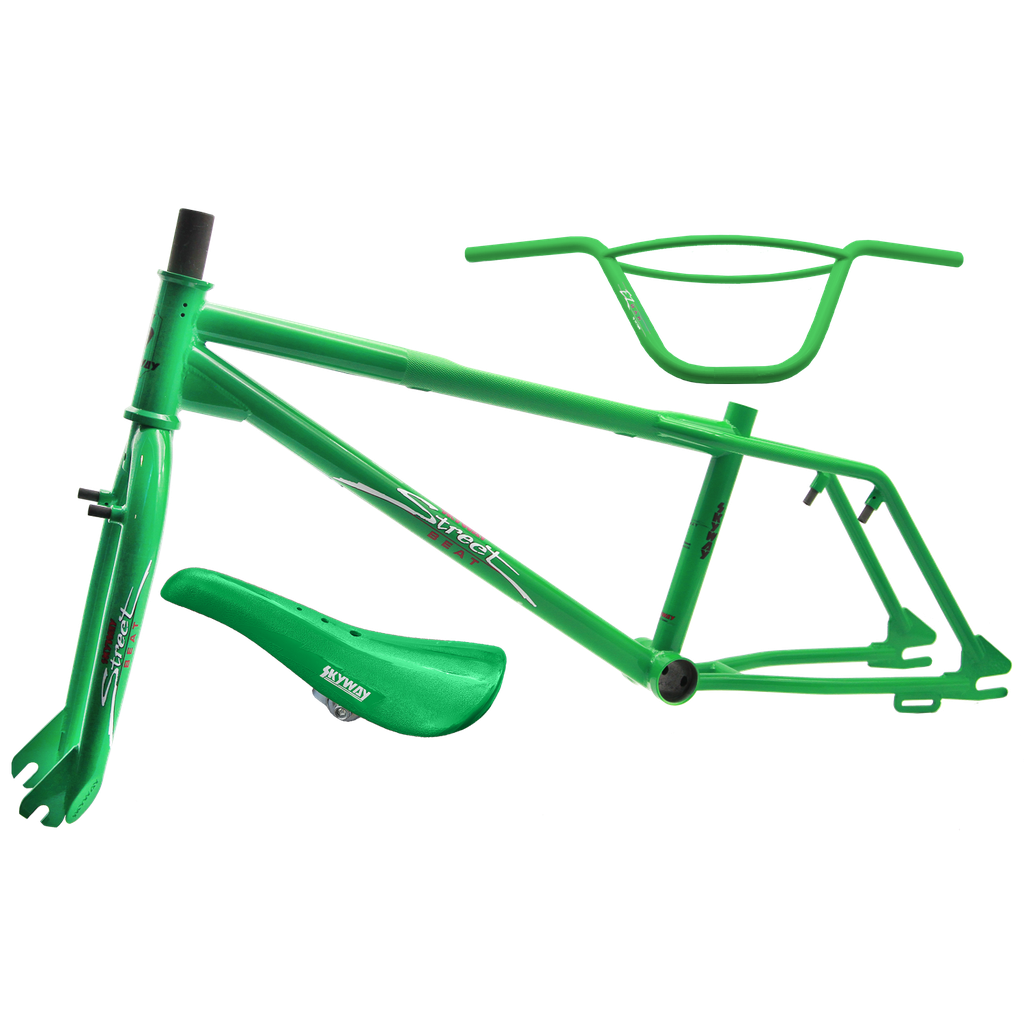 A green BMX bike with Skyway Street Beat Replica Frame/Fork/Handlebar/Seat Kit.