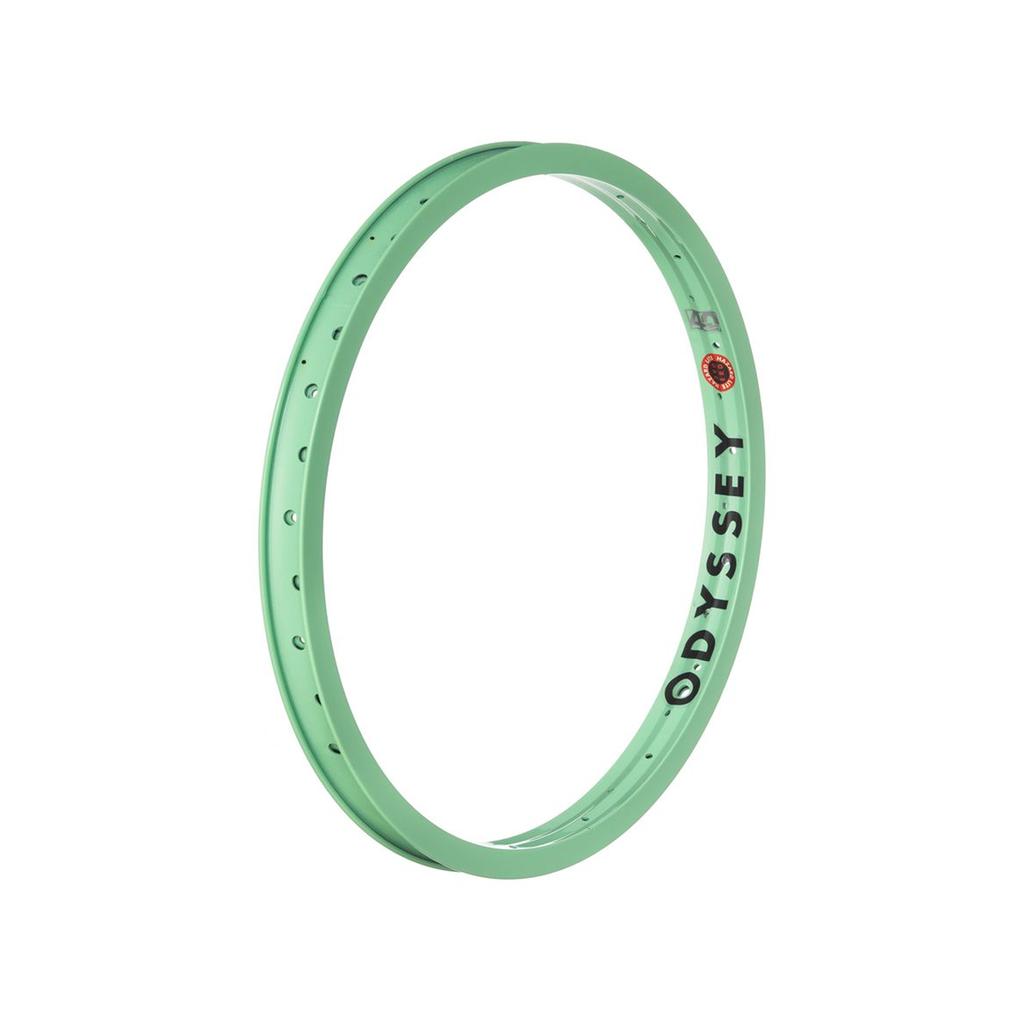 The Odyssey Hazard Lite 40th Anniversary Rim is a limited edition mint green BMX rim with “ODYSSEY” printed on the side and multiple spoke holes, celebrating the iconic Hazard Lite series.