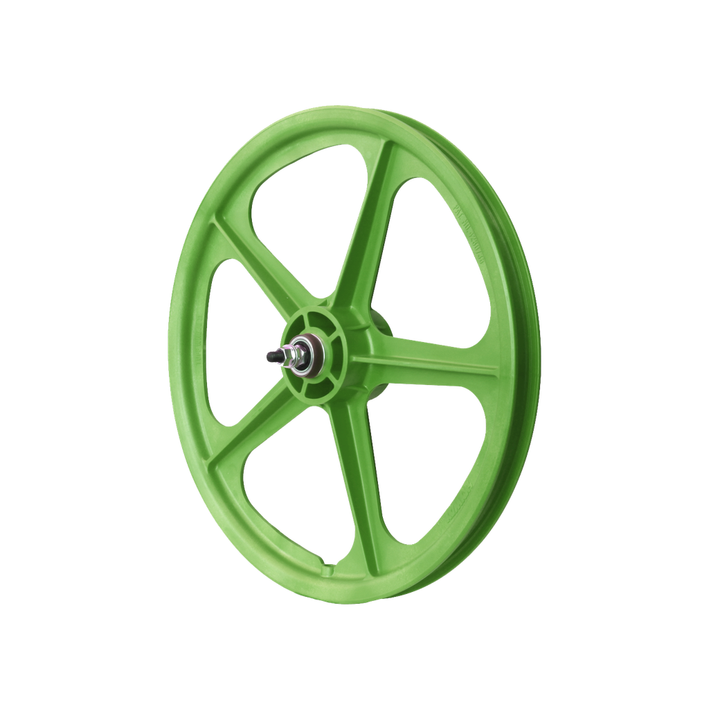 A green Skyway Tuff 5 Spoke Front Wheel with sealed bearing axles on a white background.