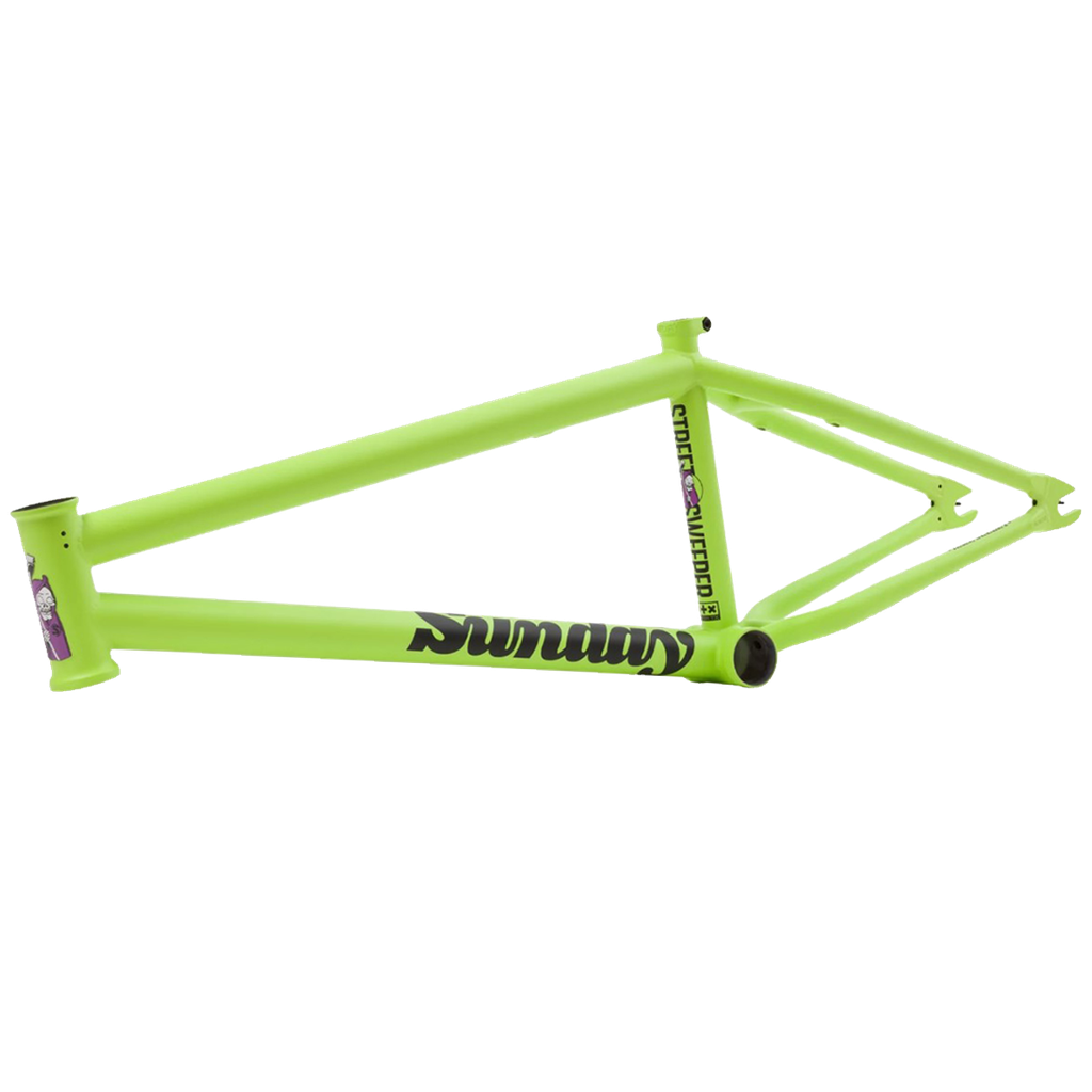 A green Sunday Street Sweeper bike frame with the word sundae on it.