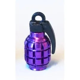 A single, grenade-shaped valve cap in purple, perfect for adding flair to any gear enthusiast’s collection with its black ring and lever, just like a cool keychain.