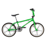 The Skyway Street Beat EX 20 Inch Bike in green features a black seat, white mag wheels, multi-gear crankset, and a durable 4130 chromoly frame, shown in profile on a white background.
