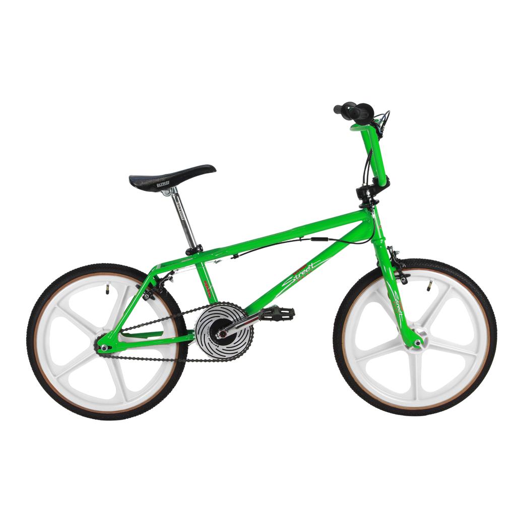 Skyway Street Beat 20 Inch Bike with green 4130 chromoly frame, white mag wheels, black seat, and black handlebars is shown on a white background.