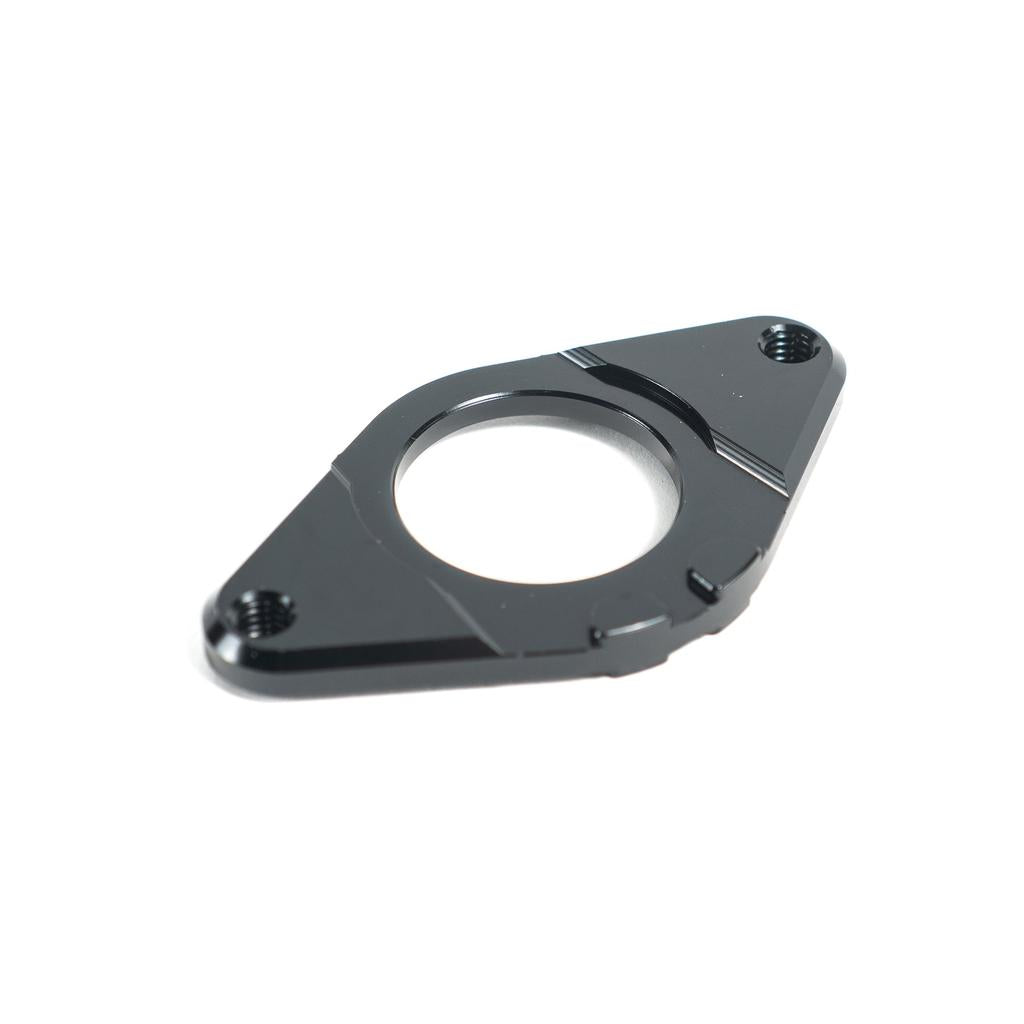 The Colony Gyro Plate is a black metal mounting bracket with two screw holes and a central circular opening, CNC machined from durable 6061T6 Alloy, shown on a white background.